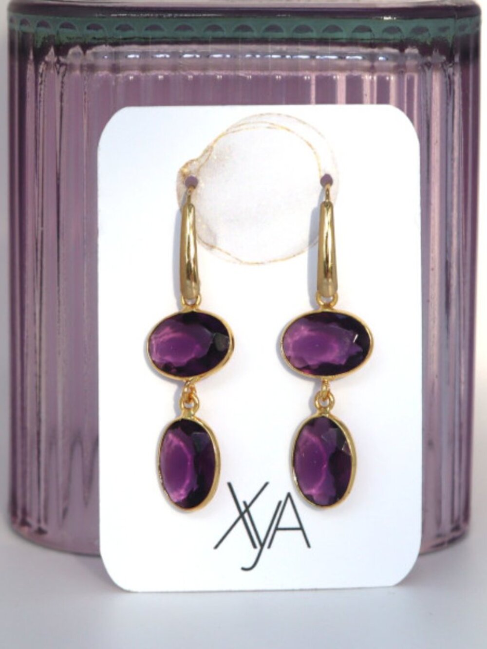 PURPLE AMETHYST DOUBLE DROP EARRINGS - GOLD TONE
